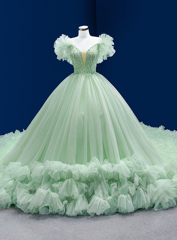 Green Tulle Beading Sequins Princess Prom Dress With Train