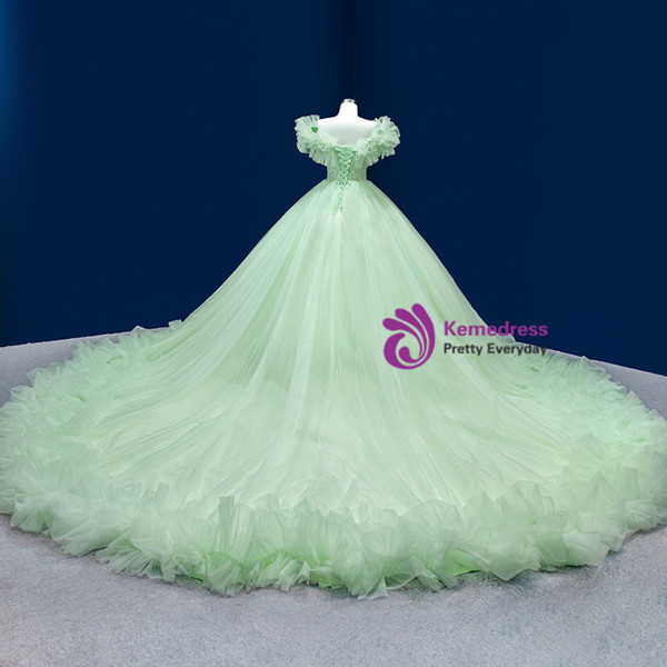 Green Tulle Beading Sequins Princess Prom Dress With Train