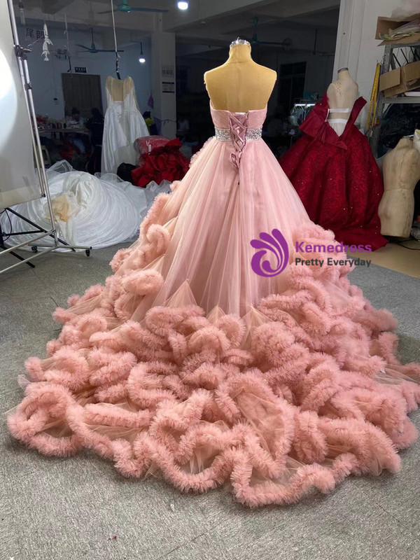 Pink Ball Gown Tulle Beading Ruffles Sweet 16 Prom Dress