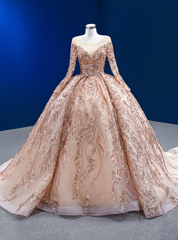 Gold Ball Gown Long Sleeve Tulle Sequins Beading Prom Dress