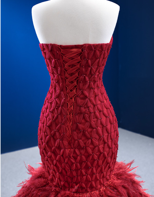 Burgundy Sweetheart Feather Beading Tulle Prom Dress