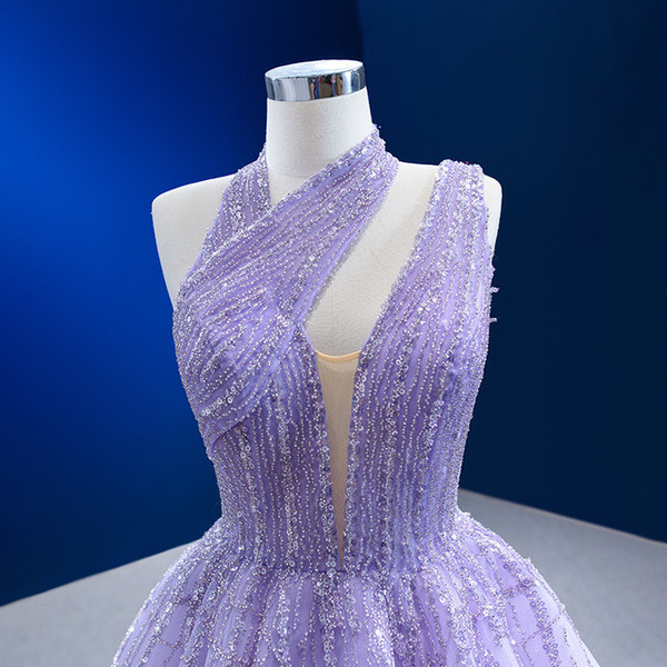 Purple Irregular Neck Tulle Sequins Beading Prom Dress