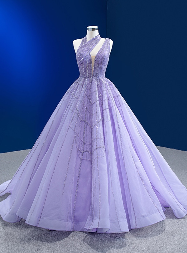 Purple Irregular Neck Tulle Sequins Beading Prom Dress