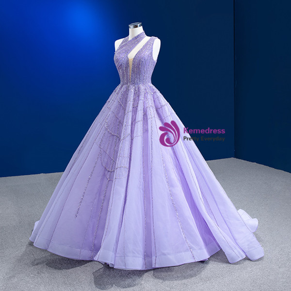 Purple Irregular Neck Tulle Sequins Beading Prom Dress