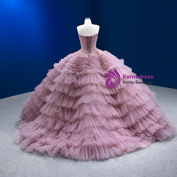 Luxury Heavy Beads Tulle Strapless Tiers Prom Dress