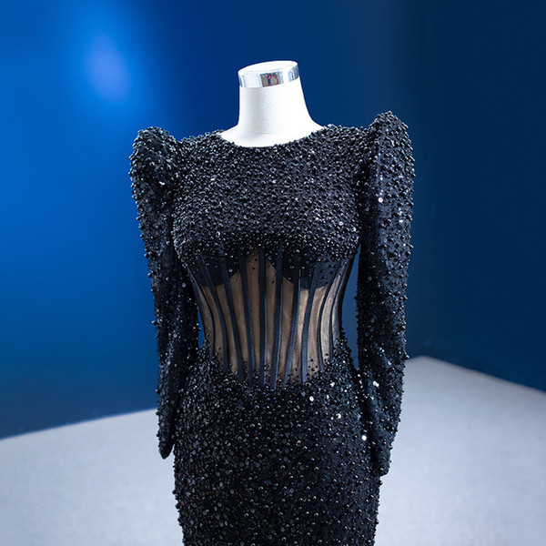 Black Mermaid Sequins Pearls See Through Top Long Sleeve Prom Dress