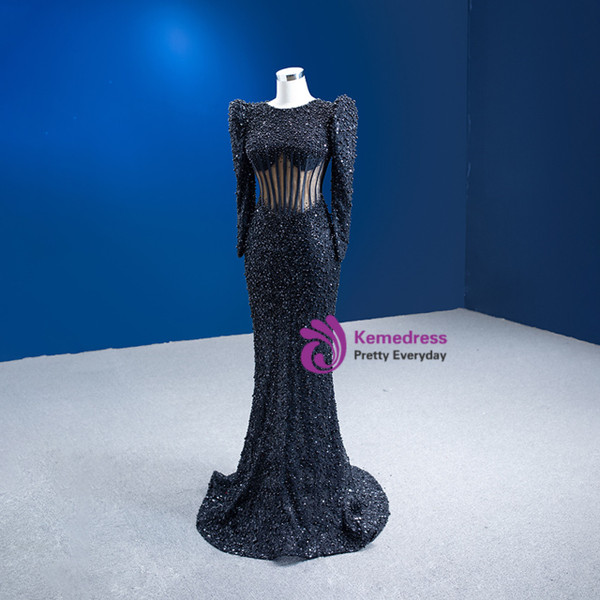 Black Mermaid Sequins Pearls See Through Top Long Sleeve Prom Dress