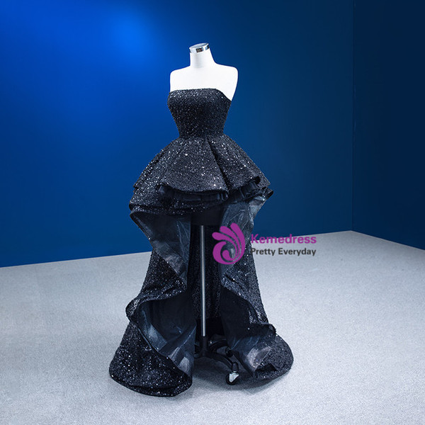 A-line Black Strapless Sequins Pearls Hi Lo Prom Dress