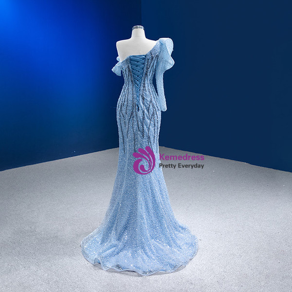 Blue Sequins One Shoulder Beading Prom Dress