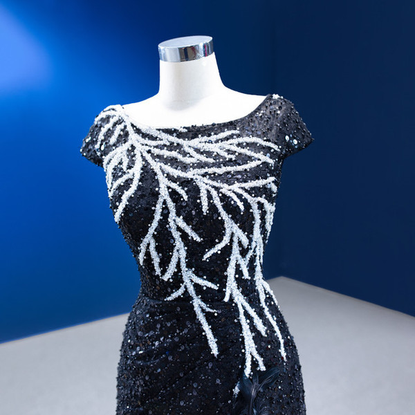 Black Mermaid Sequins Cap Sleeve Beading Feather Prom Dress