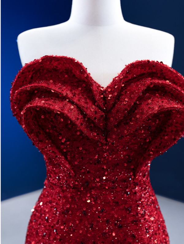 Red Mermaid Sequins Sweetheart Feather Prom Dress