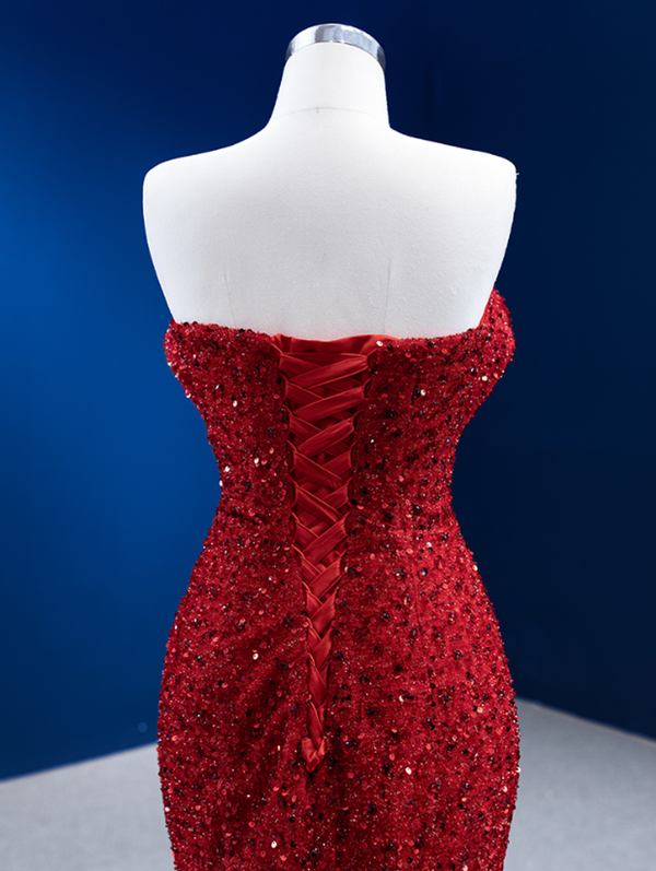 Red Mermaid Sequins Sweetheart Feather Prom Dress