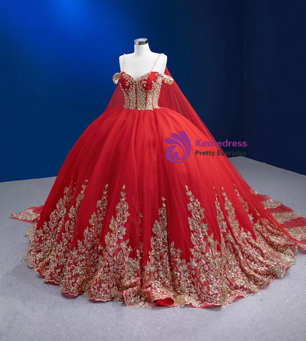 Red Ball Gown Tulle Sequins Appliques Pearls Prom Dress