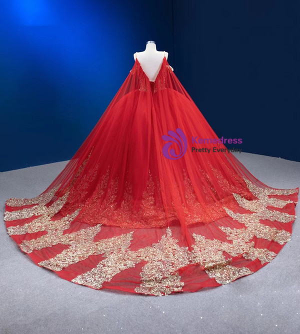 Red Ball Gown Tulle Sequins Appliques Pearls Prom Dress