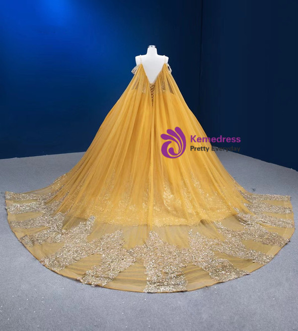 Gold Ball Gown Tulle Sequins Appliques Pearls Prom Dress