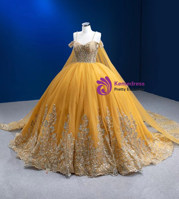 Gold Ball Gown Tulle Sequins Appliques Pearls Prom Dress