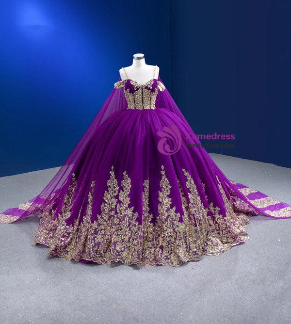 Purple Spaghetti Straps Backless Tulle Sequins Appliques Prom Dress