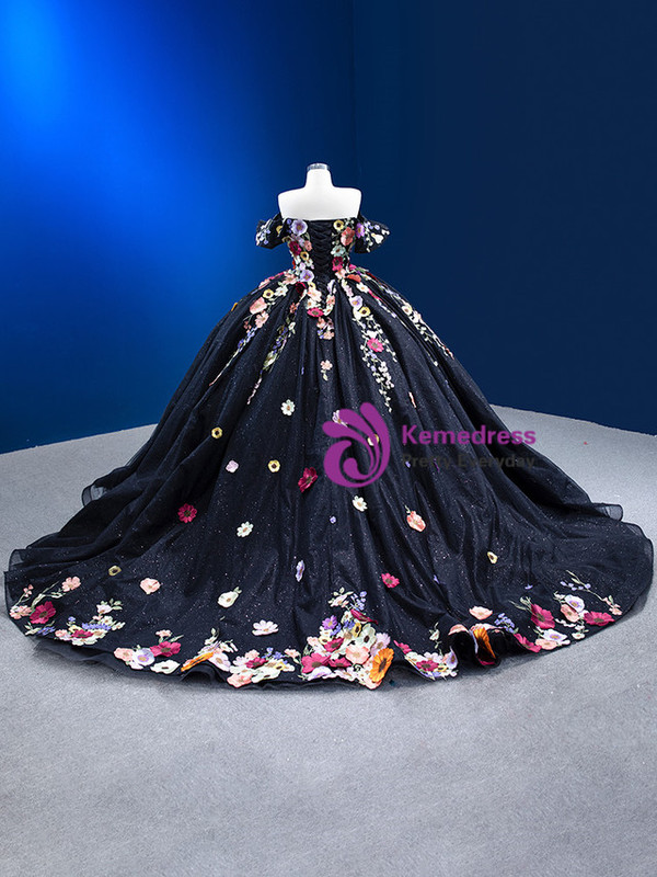 Black Ball Gown Tulle 3D Colorful Flower Prom Dress