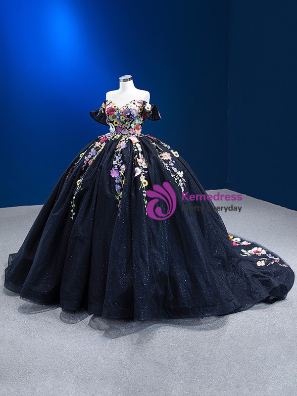 Black Ball Gown Tulle 3D Colorful Flower Prom Dress