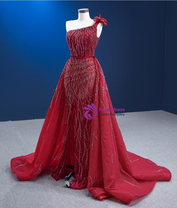 Burgundy Mermaid Tulle Beading Prom Dress With Detachable Train