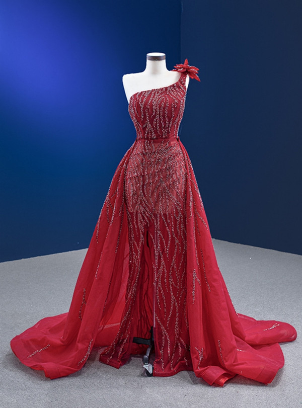 Burgundy Mermaid Tulle Beading Prom Dress With Detachable Train