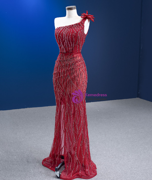 Burgundy Mermaid Tulle Beading Prom Dress With Detachable Train