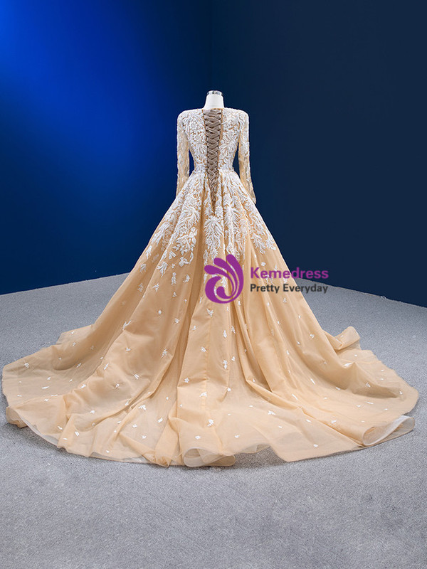 Champagne Mermaid Tulle Deep V-neck Prom Dress With Detachable Train