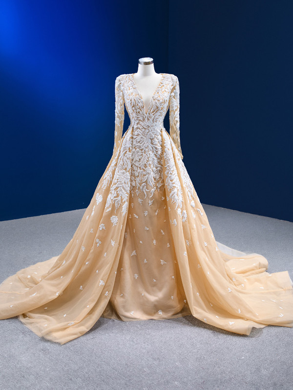 Champagne Mermaid Tulle Deep V-neck Prom Dress With Detachable Train