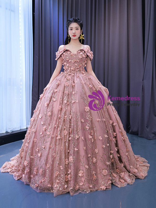 Pink Ball Gown Tulle Sequins 3D Flower Prom Dress