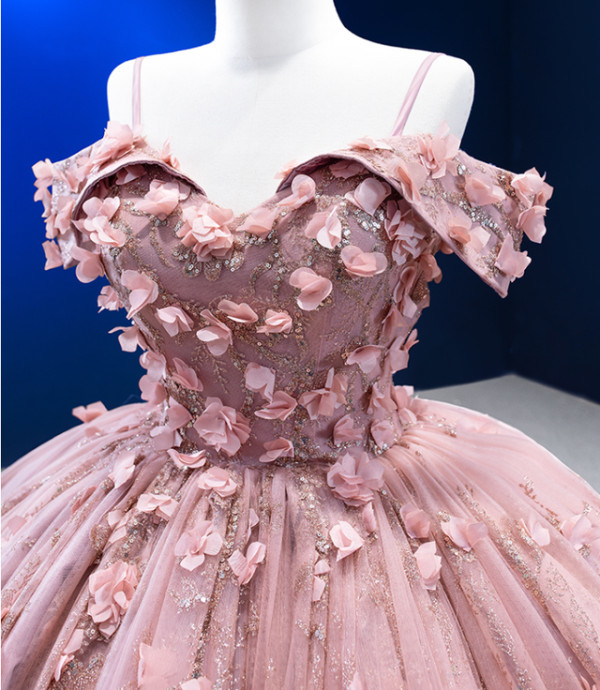 Pink Ball Gown Tulle Sequins 3D Flower Prom Dress