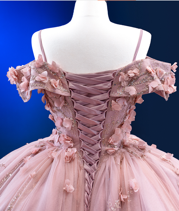 Pink Ball Gown Tulle Sequins 3D Flower Prom Dress