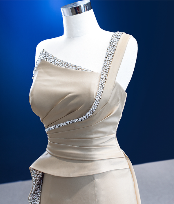 Champagne Satin One Straps Beading Pleats Prom Dress