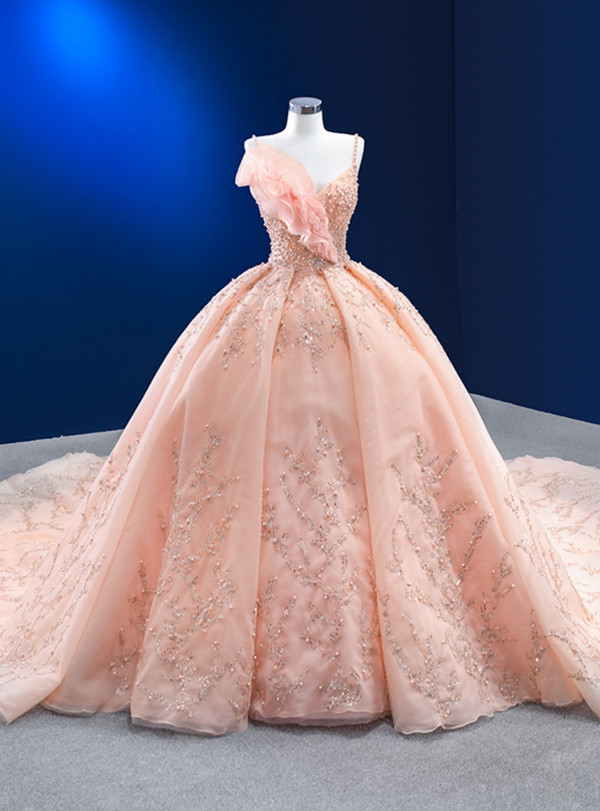 Pink Ball Gown Tulle Spaghetti Straps Pearls Sequins Prom Dress