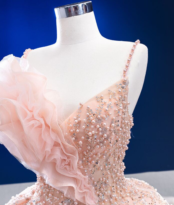 Pink Ball Gown Tulle Spaghetti Straps Pearls Sequins Prom Dress