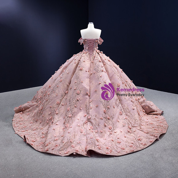 Pink Ball Gown Tulle Sequins 3D Appliques Prom Dress