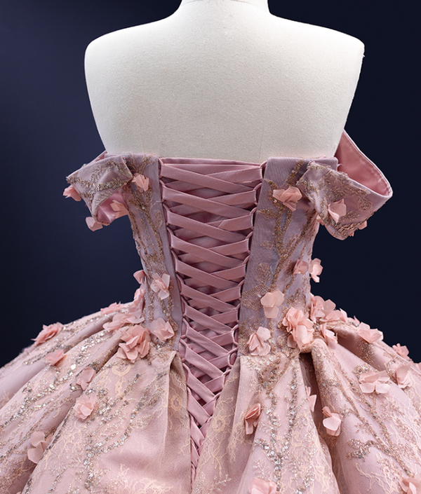 Pink Ball Gown Tulle Sequins 3D Appliques Prom Dress