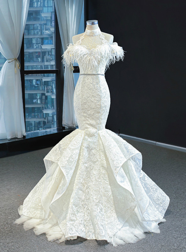 White Mermaid Lace High Neck Beading Feather Prom Dress