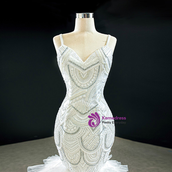 Sexy White Mermaid Beading Sequins Tulle Spagehtti Straps Prom Dress