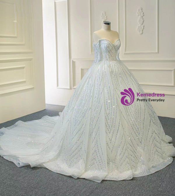 White Heavy Beading Long Sleeve Tulle Sequins Wedding Dress