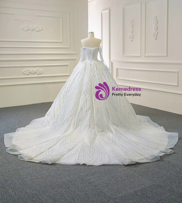 White Heavy Beading Long Sleeve Tulle Sequins Wedding Dress