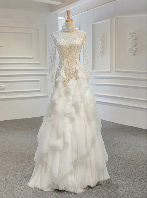 White Tulle High Neck Long Sleeve Beading Sequins Wedding Dress