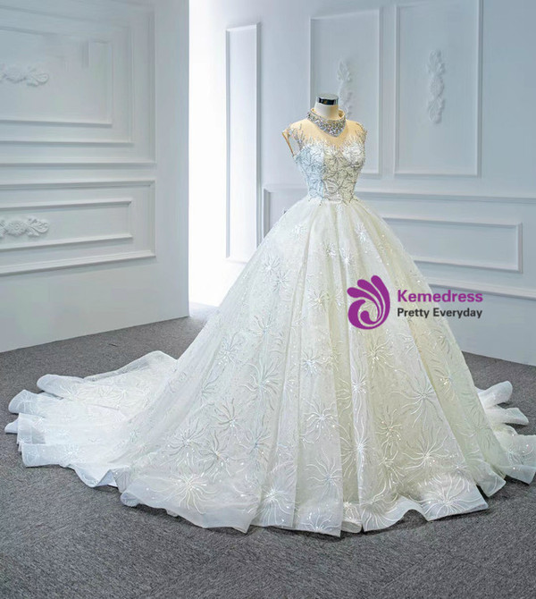 White Tulle High Neck Beading Sequins Wedding Dress