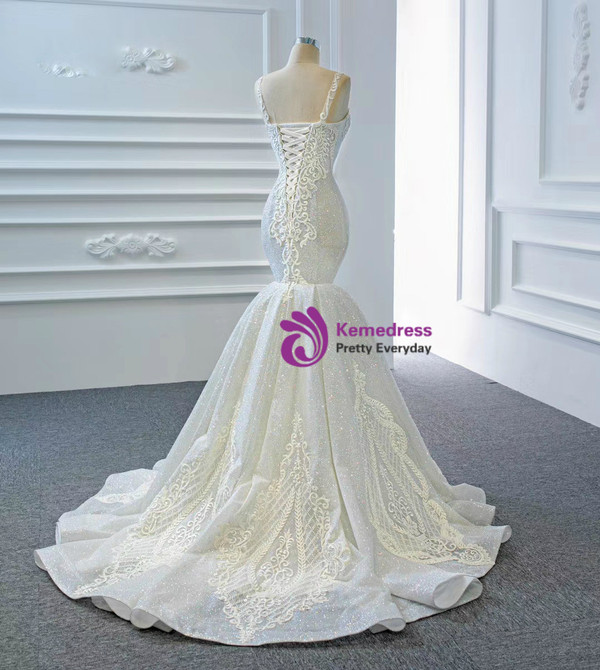 White Mermaid Sequins Appliques Beading Wedding Dress