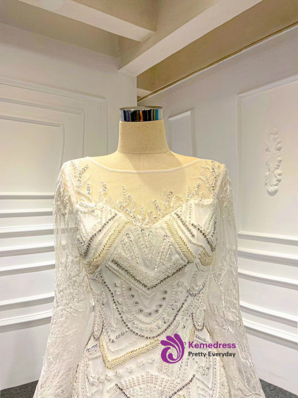 White Mermaid Long Sleeve Tulle Beading Wedding Dress