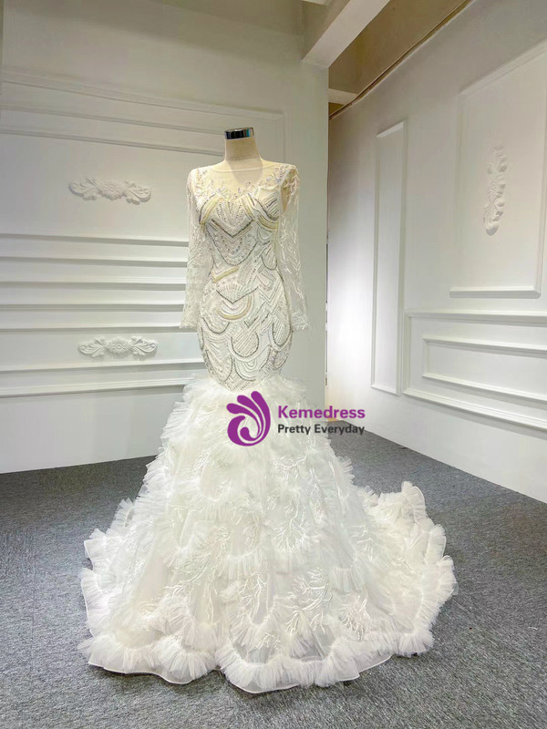 White Mermaid Long Sleeve Tulle Beading Wedding Dress