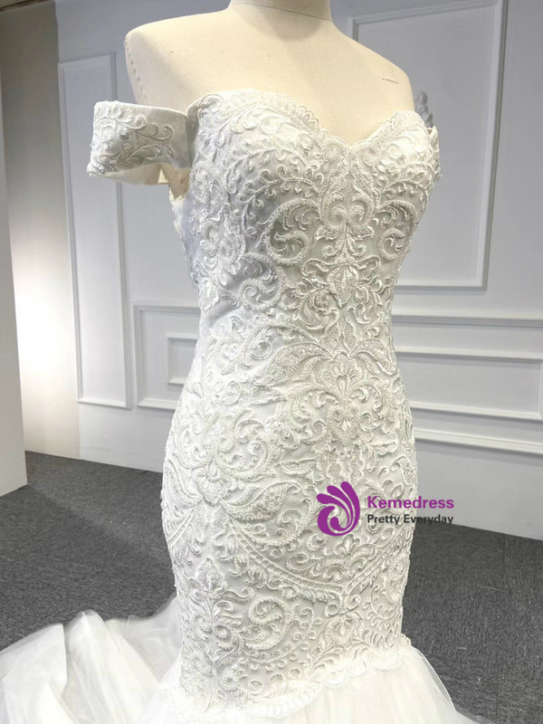 White Mermaid Tulle Appliques Beading Wedding Dress