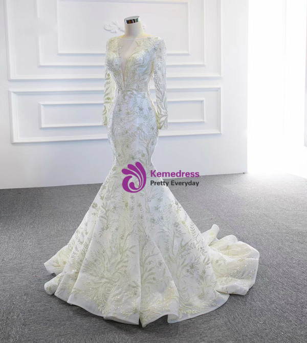 White Mermaid Tulle Beading Wedding Dress With Removable Train