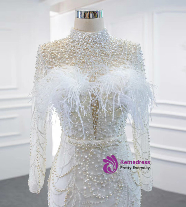 White Tulle High Neck Pearls Wedding Dress With Removable Train