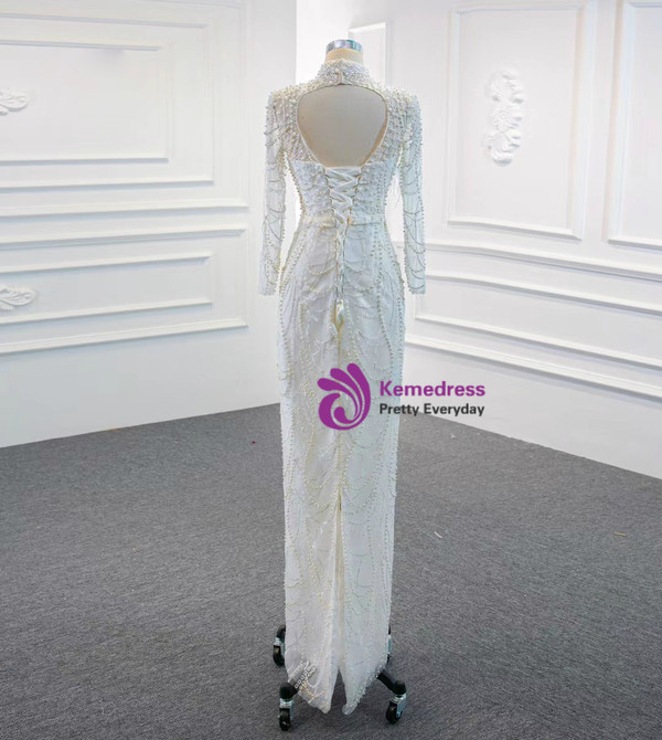 White Tulle High Neck Pearls Wedding Dress With Removable Train