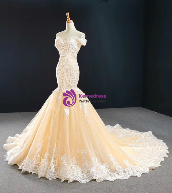 Champagne Mermaid Tulle Lace Beading Wedding Dress